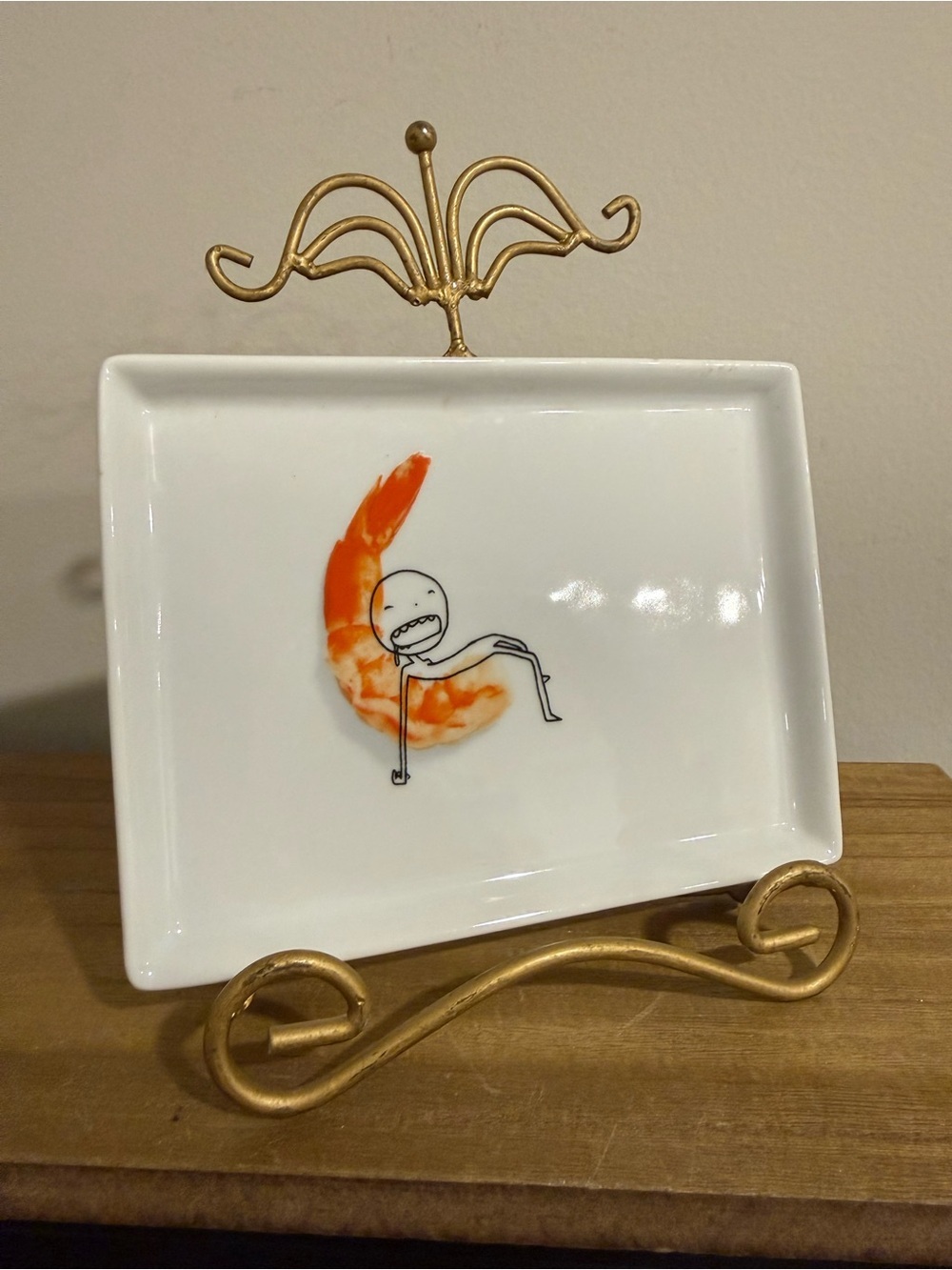 Ceramic Trinket Dish with Playful Shrimp Illustration - White & Orange
